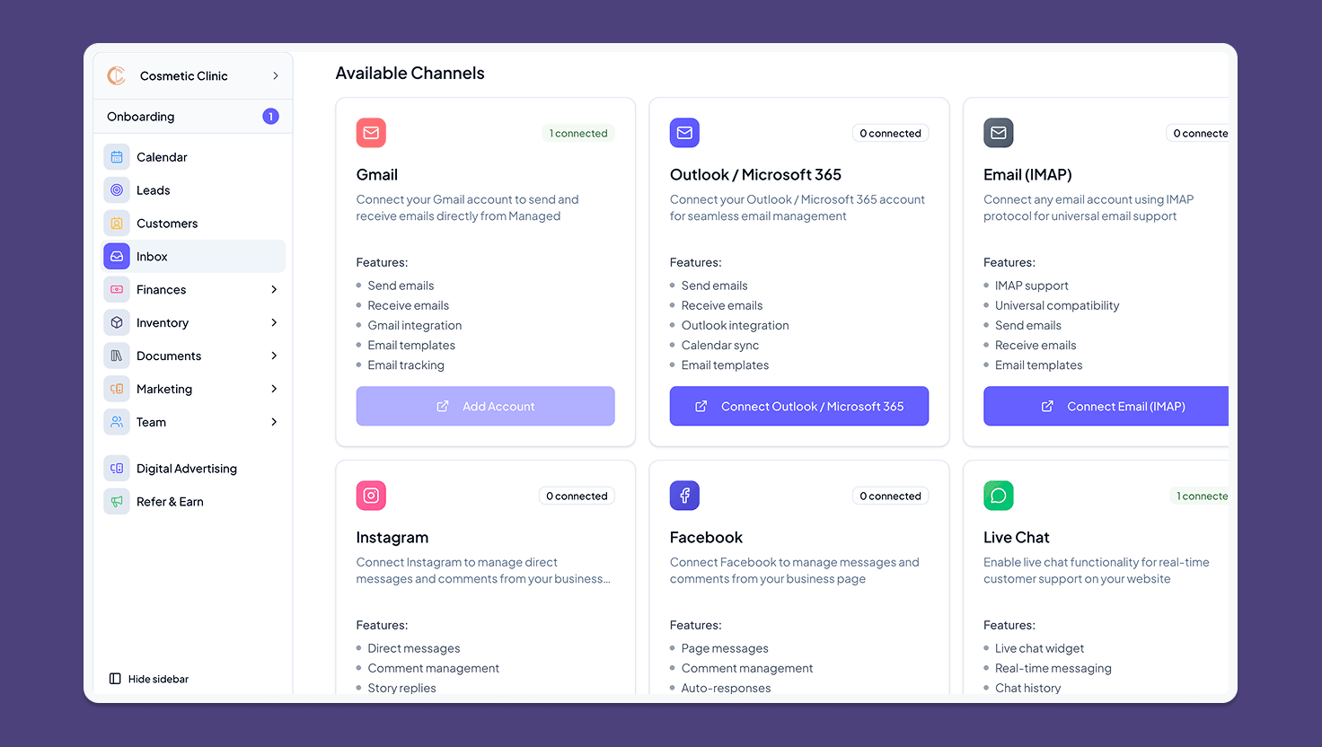 Managed inbox screen showing client conversations and enquiry follow-up
